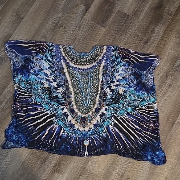 Vibrant Blue Patterned Women's Embellished Kaftan One Size - Picture 3 of 5